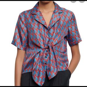 SANDRO SIZE 1 Caty Cat Print Short Sleeve Silk Shirt In Blue